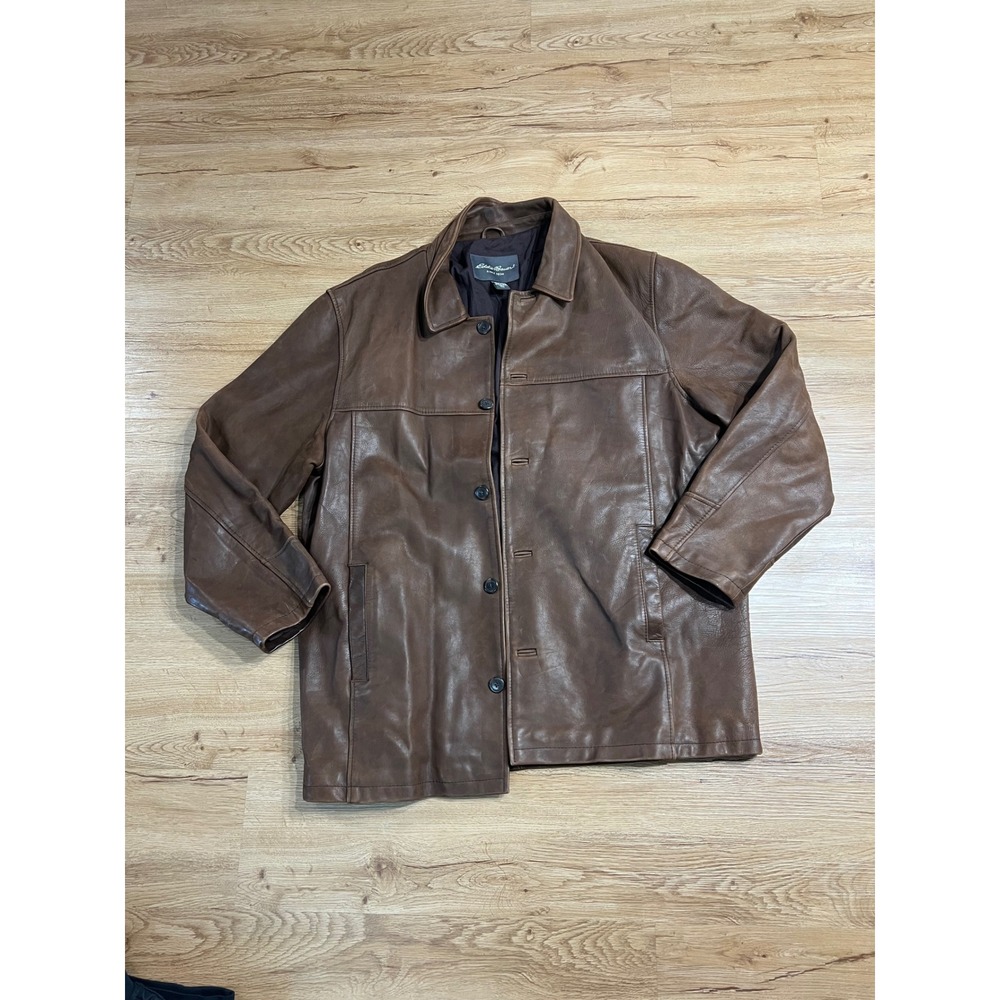 Eddie Bauer Mens Brown Genuine Leather Button Front Car Coat Jacket Tall XXL